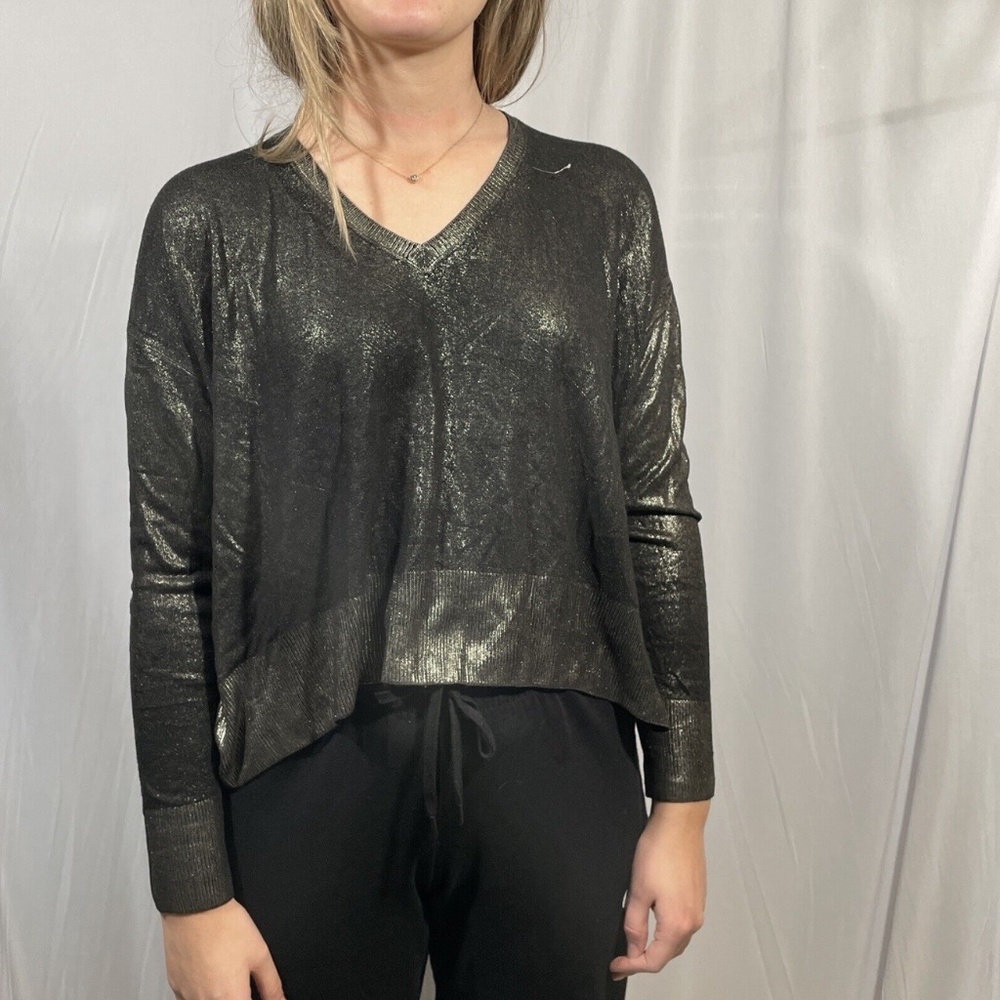NEW Zara Knit [ Small ]‎ V Neck Metallic Long Sleeve Top Sweater Black/Gold